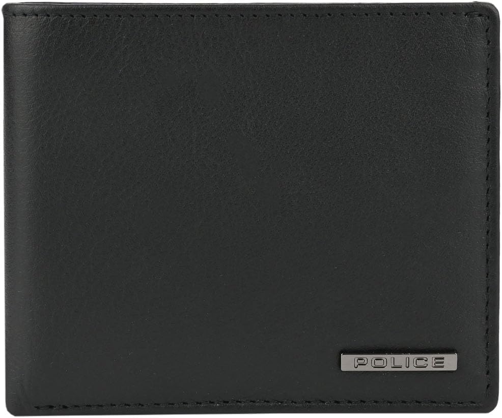Police Mens Genuine Leather Slim Wallet with Coin Holder and Gift Box, Black 81 Without Windows, Modern