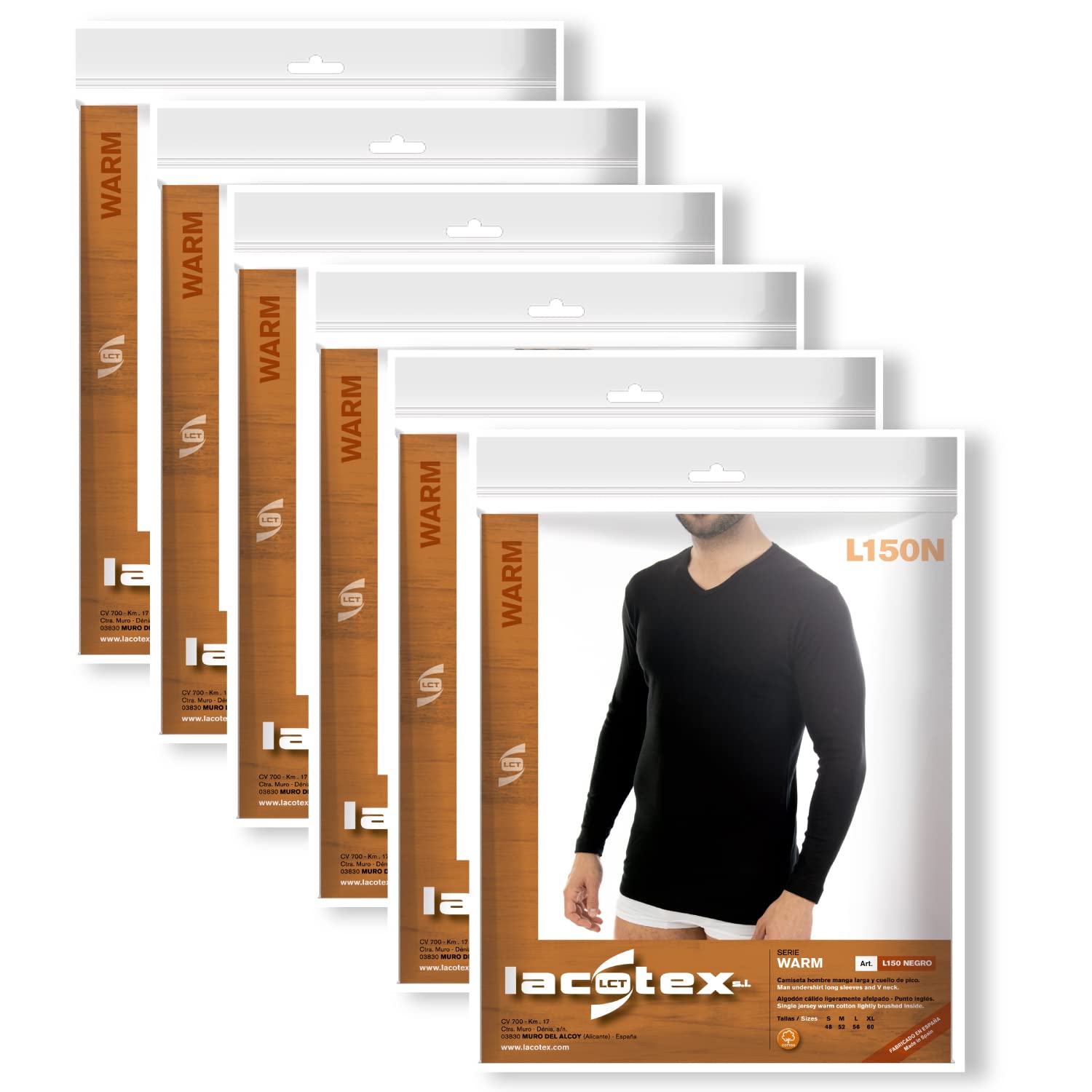 Pack Ahorro de 6 Unidades. Camiseta Interior cálida de Hombre L150, Manga Larga y Cuello de Pico.