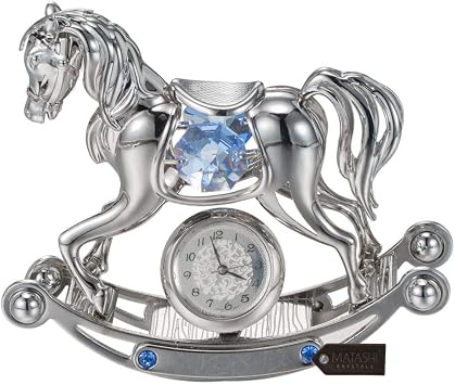 Matashi Chrome Plated Crystal Studded Silver Rocking Horse Desk Clock Unique Gift for Mom, Wife, Grandma, Daughter Beautiful Mothers Day, Anniversary, Birthday Present for Home, Bedroom, Office