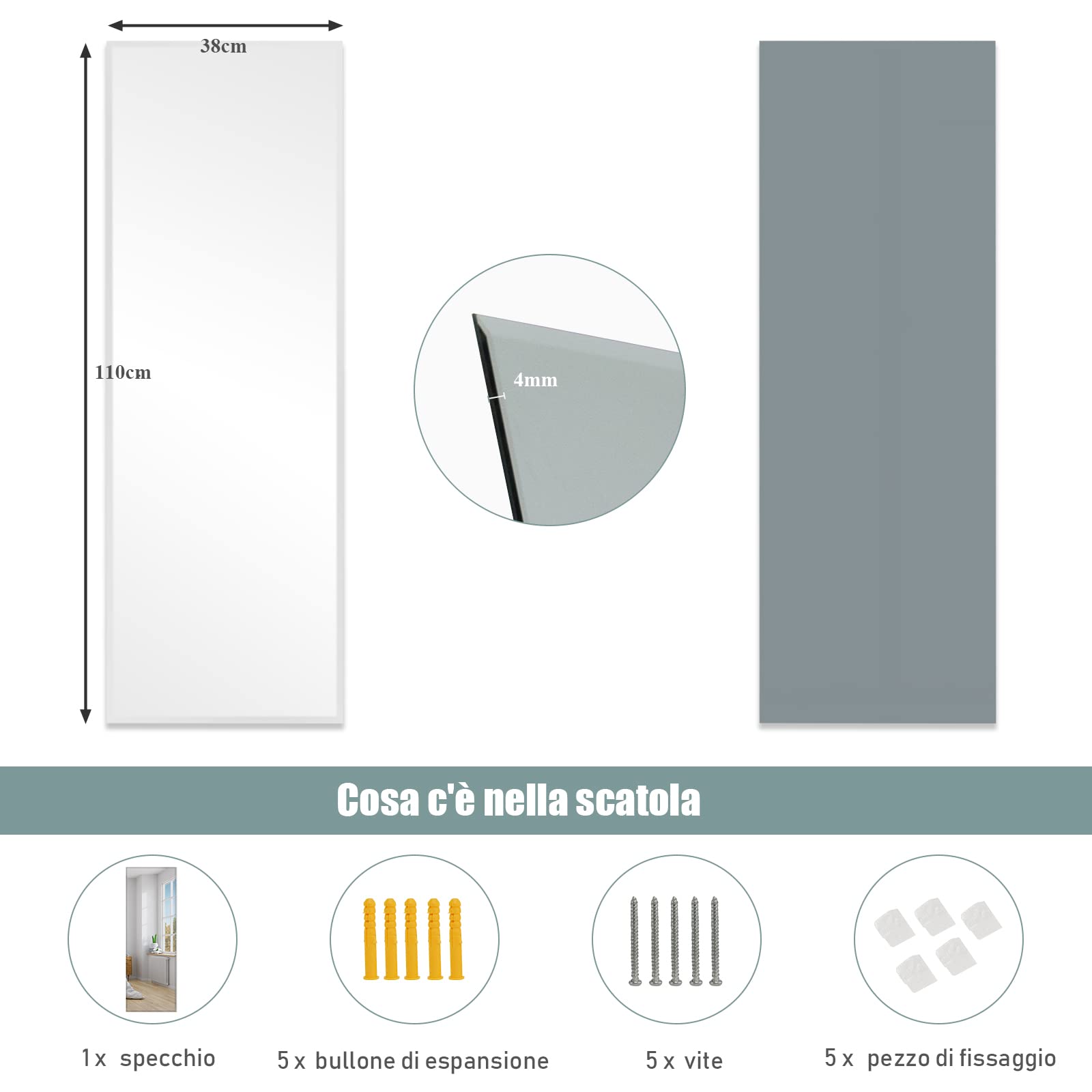 COSTWAY Specchio da Parete 110 x 38 cm, Specchio Rettangolare Montato a Parete, Specchio a Figura Intera per Guardaroba Corridoio Soggiorno