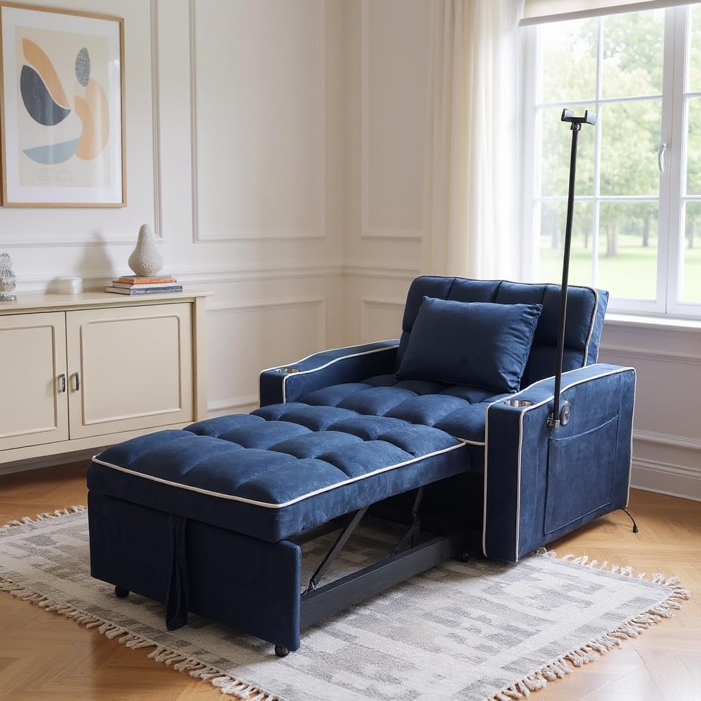 Convertible Sleeper Chair, Pull Out Chair Sleeper with Bracket and Cup Holder, Chairs Bed Sleepers for Adults, 3 in 1 Sofa Bed Chairs for Small Spaces, Living Room, Bed Room, Blue Blue 001