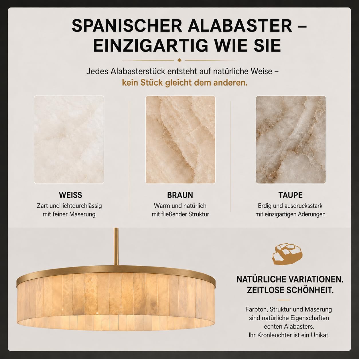 Luxus Alabaster Pendelleuchte Rund Ø105cm, Spanischer Marmor Kronleuchter Höhenverstellbar, Gold Hängeleuchte Esstisch, Wohnzimmer, Foyer