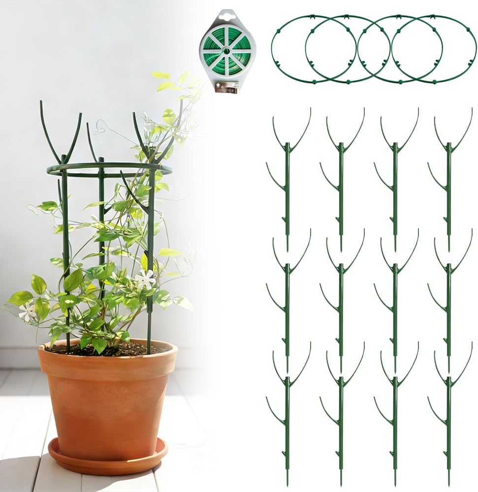 Plant Support Stakes, 12 Pack Plant Stakes for Indoor Plants, Stackable 4 Tier Durable Trellis Garden Poles for Outdoor Gardening, Plant Support Structures for Monstera Climbing Plants (Green-12Pack)