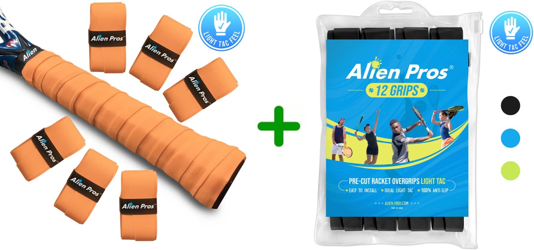 ALIEN PROS 18 Pack Neon Orange & Black Tennis Racket Grip Tape – Precut and Light Tac Feel Tennis Grip