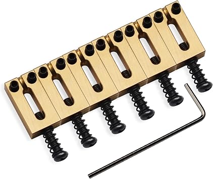 SAPHUE Guitar Bridge Saddle with Spring Screws Wrench Tremolo for Fender Strat Stratocaster Tele Telecaster Electric Guitar Replacement Parts Accessories 6Pcs Bridge Saddles Brass-Black Screw