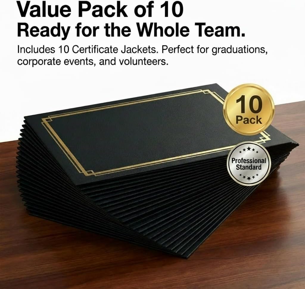 PaperDirect Black Certificate Jackets with Gold Foil Border on Heavy Linen Cardstock, 10 count, 9.5 x 12 Inches