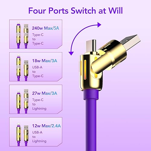 Miniatura 4 de MFish Cable de carga USB universal 4 en 1 de 240 W 2 unidades, 6.6 pies - Cable de carga rápida con USB-A, doble USB-C e iluminación, para iPhone