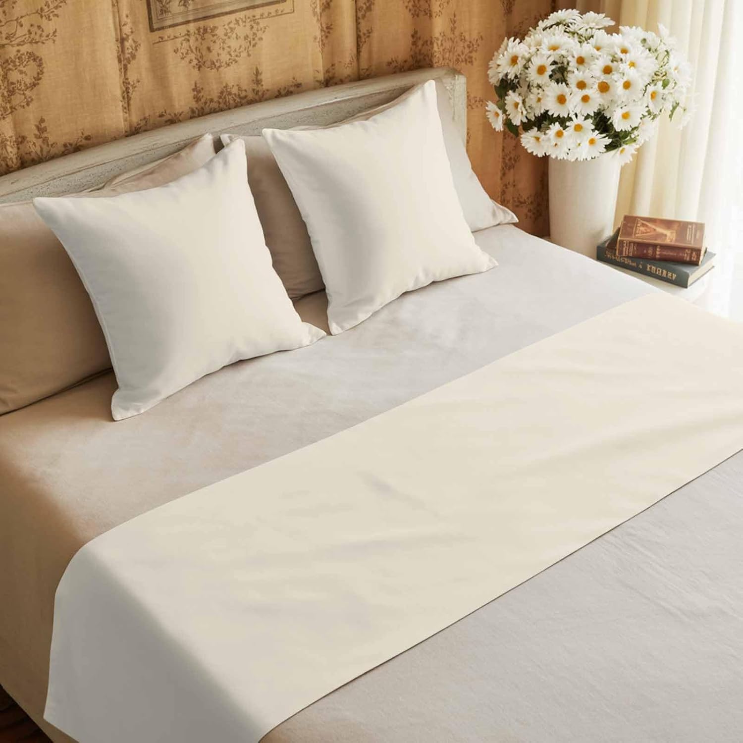 Bed Runner for King Size Bed, Cream Decorative Beds Runners and 2 Matching Pillow Covers Set, Modern Pure Beige Beds Scarf Throw for Foot of Bedding Set for Hotel/Bedroom