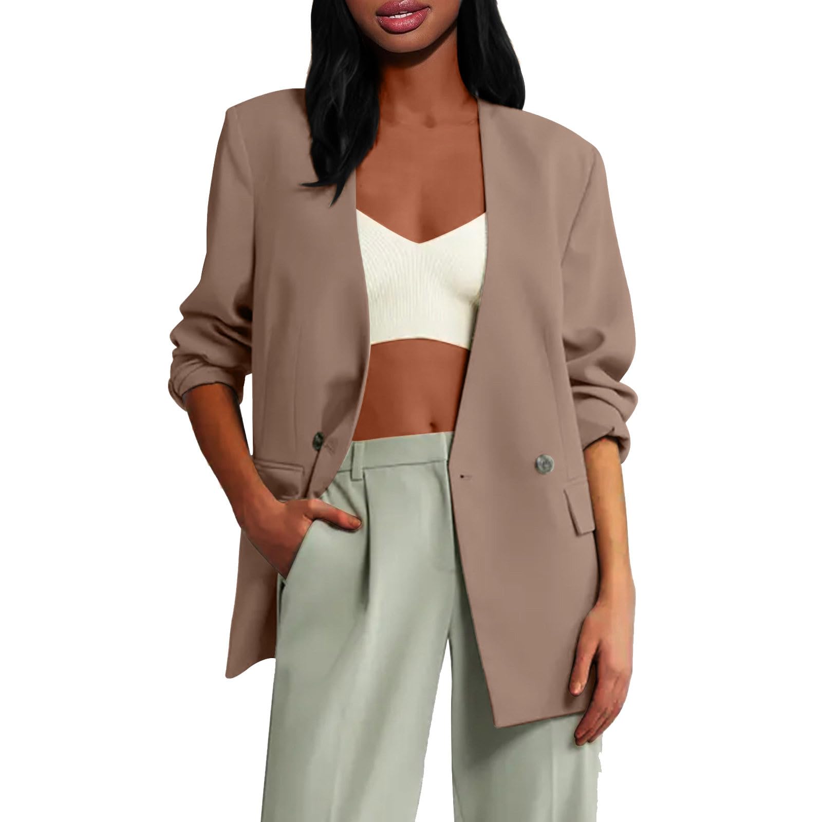 Sinzelimin Womens Suit Jacket Fashion Solid Color Comfy Work Office Blazer Tops with Shoulder Pad Long Sleeves Cardigan