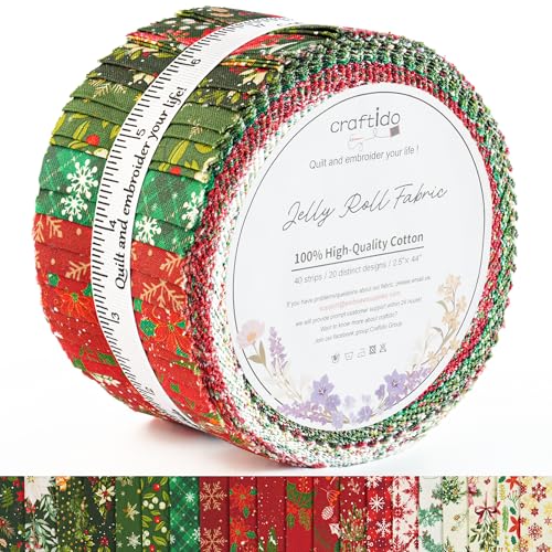 Craftido-20 Options-100% Cotton Jelly Roll Fabric Precut Strips for Quilting Crafting and Sewing 40 Strips 2.5 x 44 Assorted Bundles for Rugs Quilts DIY Crafts and Home Decor-Winter Christmas