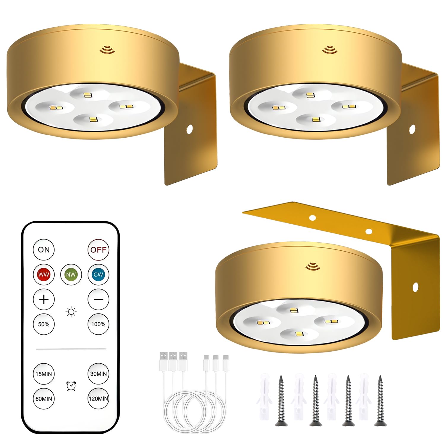 Anmossi Wall Lamp Without Cable, 2 Pieces Wireless Picture Light with Remote Control, Rechargeable Wall Lamps without Cables, 3 Colour Temperatures, Dimmable Wall Light for Paintings, Frame (Gold)