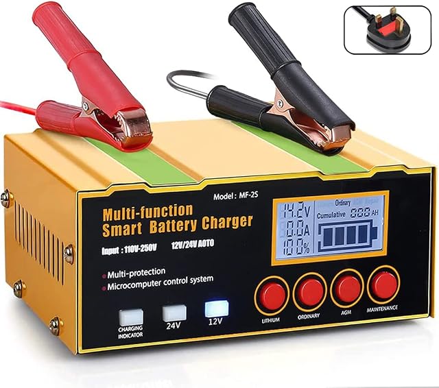 12A Automatic Battery Charger, 12V/24V Car Battery Charger Smart Trickle Maintainer for Most Lithium, Lead-Acid, AGM and LiFePO4 Batteries, UK Plug
