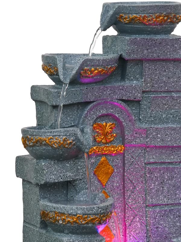 Image of Polyresin Designer Table Top Indoor Home Decor 4 Steps Waterfall Fountain with Yellow LED Lights & Water Flow Controller Pump (Size: 40 x 29.5 x 22CM | Weight: 2185grm | Color: Grey)