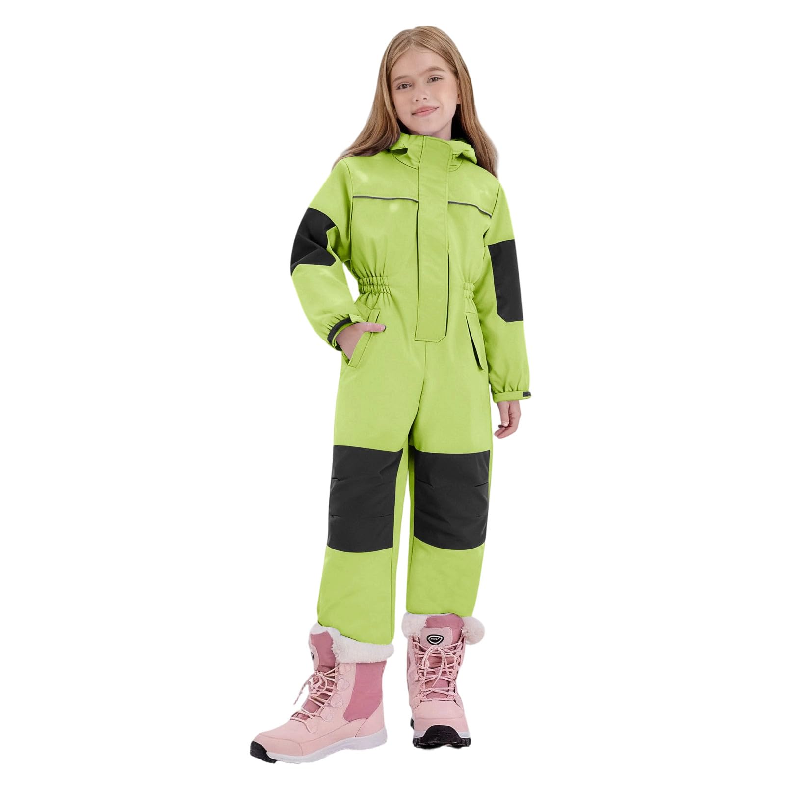 Tuta da neve per ragazzi e ragazze, impermeabile, invernale, giacca antivento foderata in pile per bambini, imbottita, a blocchi di colore, con cerniera centrale, polsini per mani e piedi