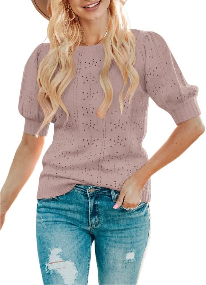 MEROKEETY Women’s 2025 Spring Puff Short Sleeve Sweater Tops Crew Neck Crochet Knit Soft Pullover Shirt