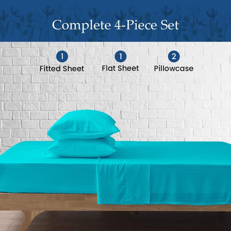 900-Thread-Count 100% Egyptian Cotton Sheets, Luxrious 6-PCs Sheet Set, Soft and Silky, Fits Mattress Upto 21-23'' Deep Pocket (Cal-King, Turquoise Stripe)