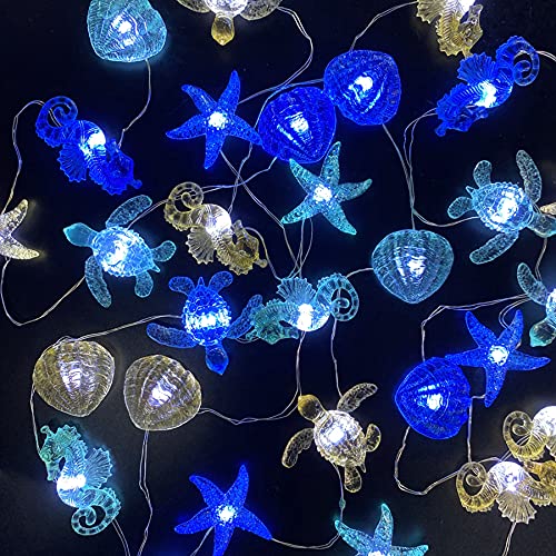 Ocean Beach Themed Sea Life Cute Fairy Decorative String Lights Battery Operated, Seahorse Starfish Sea Turtle Clam Nautical Rope Lights Lit By 30 Leds 10 Ft For Holiday Camping Mermaid Wedding #TOP2
