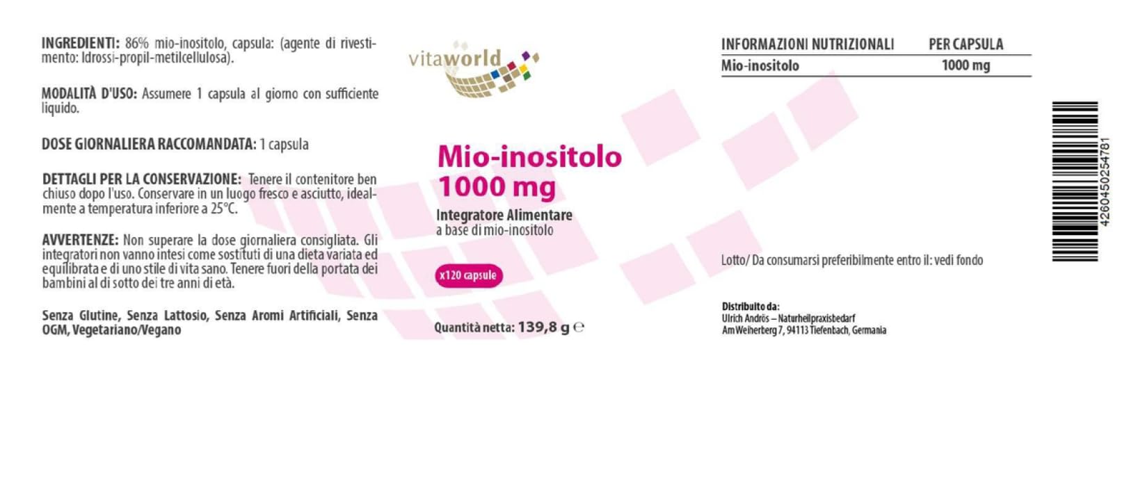 Pack di 3 Vita World Mio-Inositolo 1000mg 3 x 120 Capsule Vegano, ad alto dosaggio, Made in Germany, Myo-Inositolo