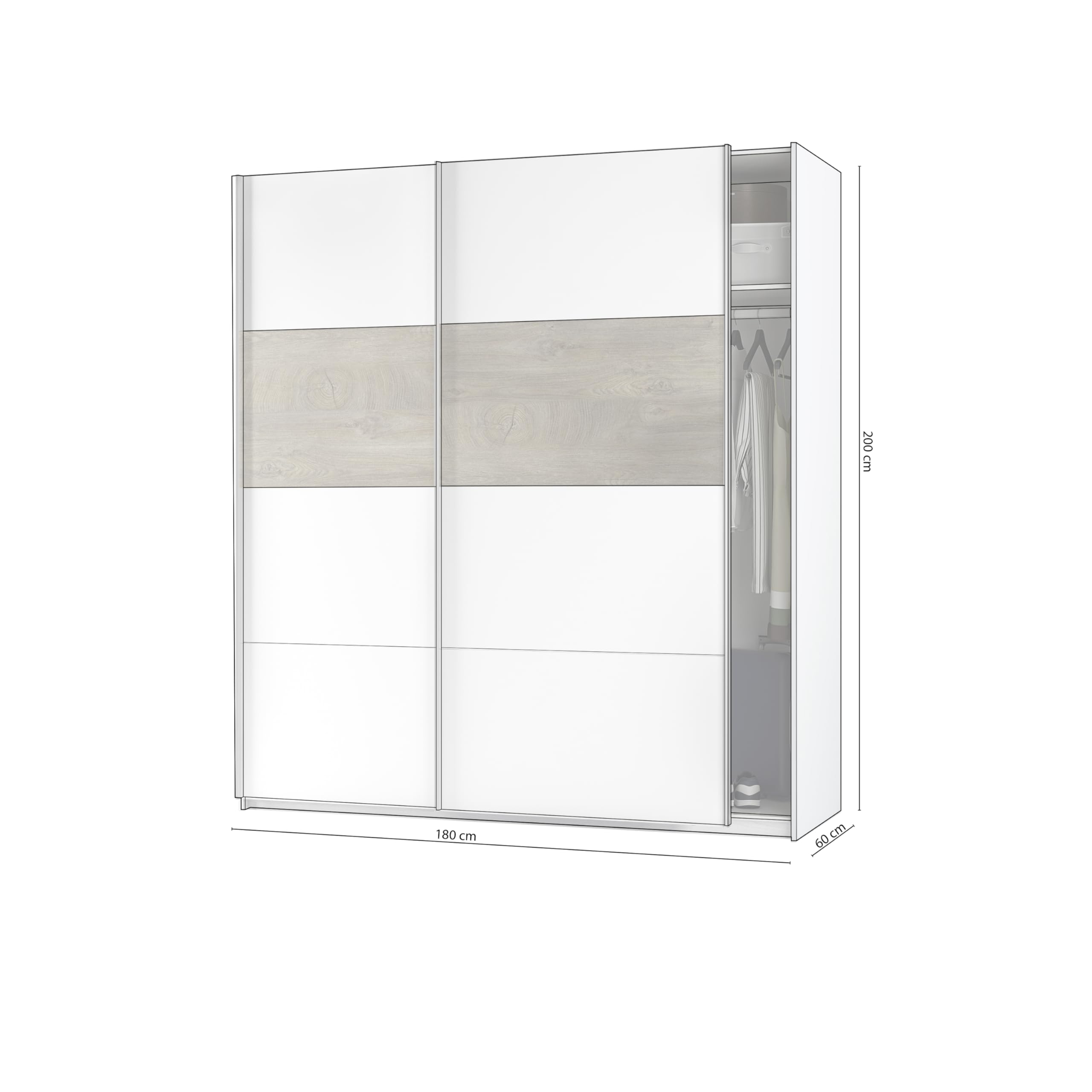 duehome | Armario 2 Puertas Correderas para Dormitorio o Habitación, Modelo Brike, Acabado en Blanco Artik y Roble Alaska, Medidas: 180 cm (Largo) x 200 cm (Alto) x 60 cm (Fondo)