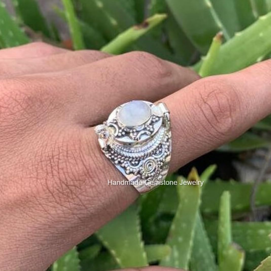 Rainbow Moonstone Ring, Blue Flash Ring, Poison Box Ring, Oval Stone Ring, June Birthstone Ring, Artisan design Ring, Poisoner Ring, Pillbox Ring, Antique Poison Ring, Openable Ring