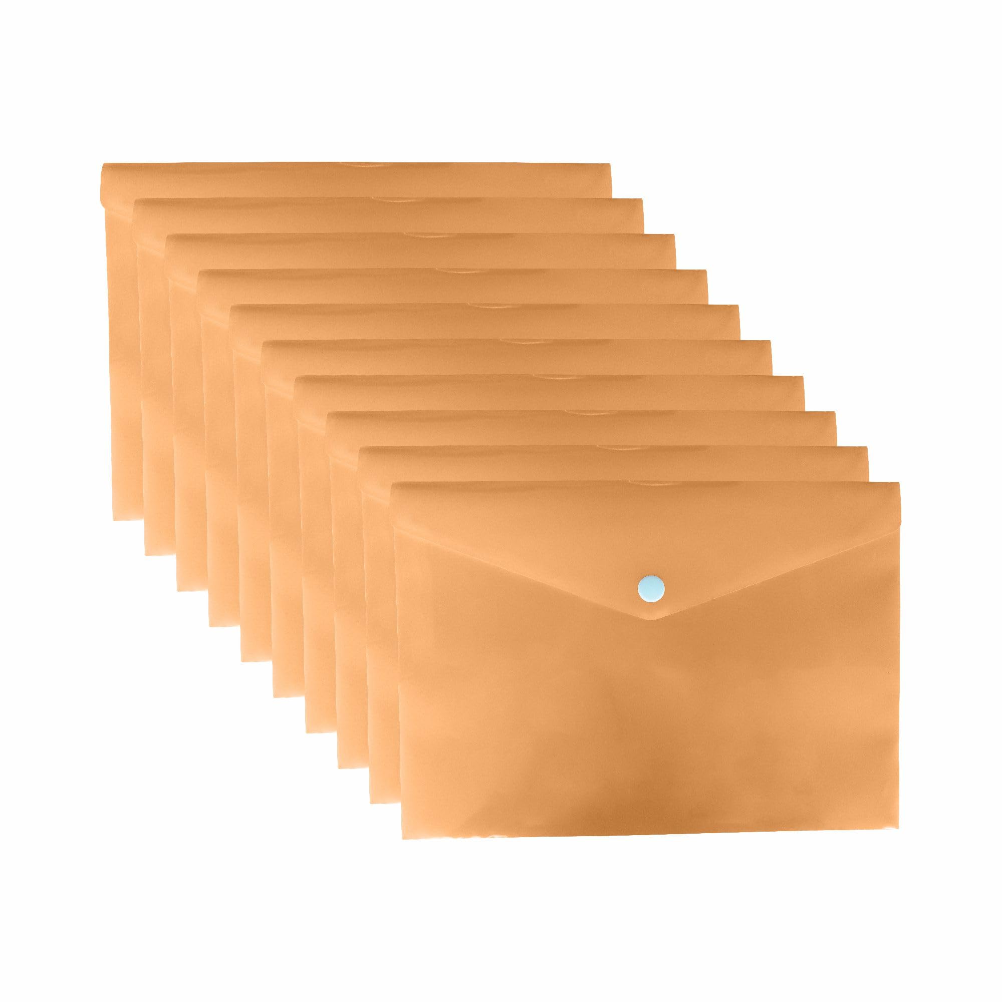 FotoStation 50pcs - Plastic Document Wallet A5 Orange Popper Wallet with Snap Button A5 Pastel Plastic Wallet Invoices, Receipts Small Craft Items, Stickers, Event Brochures Holder Storage Organiser