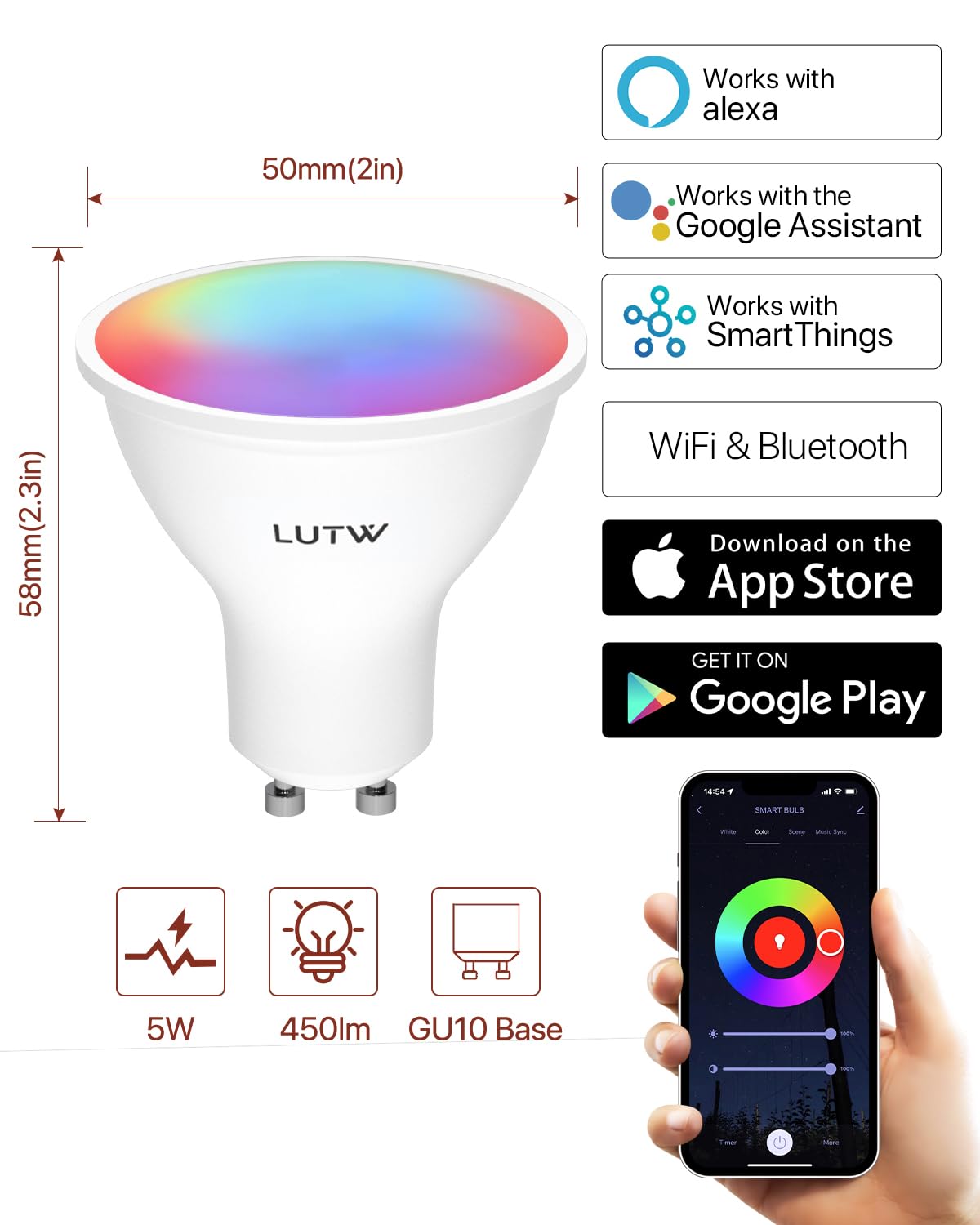 Lampadina Smart Fitop E14 - Controllo Alexa E Google Home, RGB 16 Milioni Colori, Dimmerabile, 4.9W, 2 Pezzi