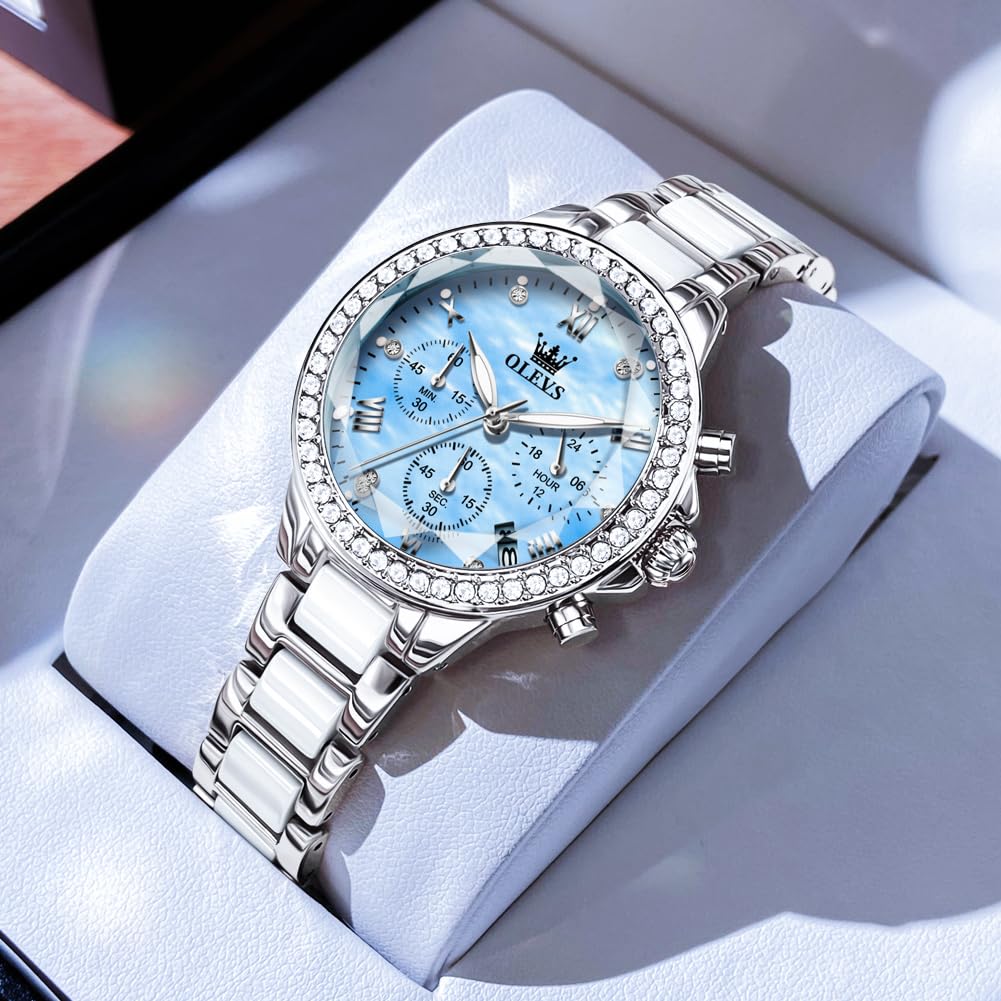 Orologio da donna in ceramica di lusso, con cronografo con cristalli scintillanti, orologio analogico al quarzo con 6 lancette con data, lancette luminose, impermeabile, elegante orologio da polso da