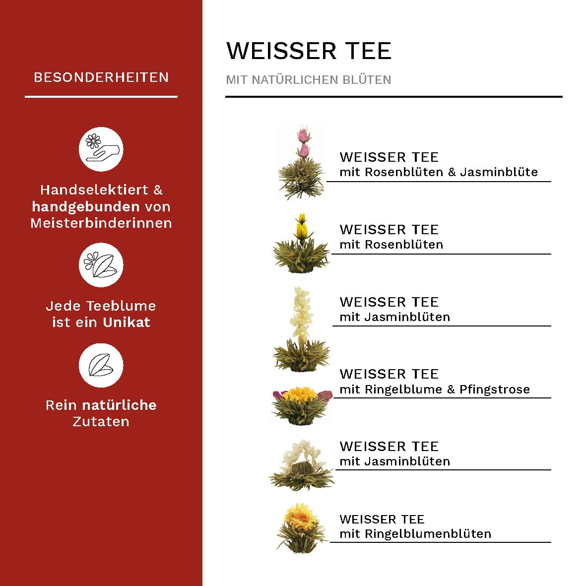 Creano 2er Set Teeblumen Holzpräsentboxen ErblühTee Grüner Tee "Fruity Flavor" + Weißer Tee