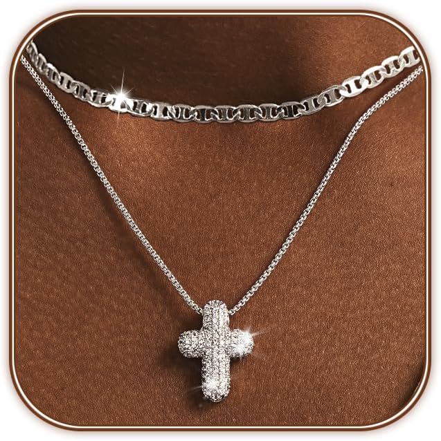 OGD Bubble Cross Necklace for Women 14k Gold Plated Cross Necklace Stackable Dainty Gold Necklace Mariner Chain Necklace CZ Cross Pendant Necklaces Set Simple Jewelry Gift - Image 2