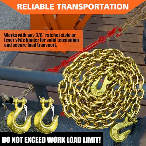 YATOINTO 3/8'' Chain G80 Trailer Tow Chains 10ft, 7,100 lb WLL, 2 Clevis Grab Hooks + 2 Extra Clevis Snap Hooks, Yellow Zinc Chromate, Logging Chain for Towing & Trailer Tie-Down by YATOINTO - Image 2