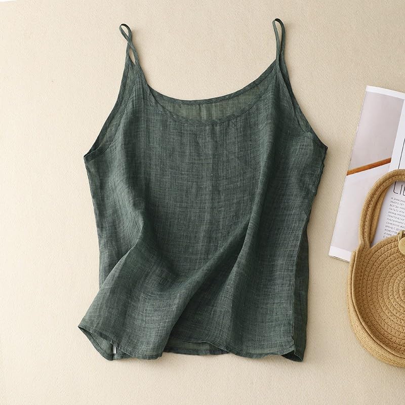 2025 Summer Linen Shirts for Women Spaghetti Strap Loose Fit Tank Tops Cami Casual Sleeveless Camisole Basic Tops Army Green