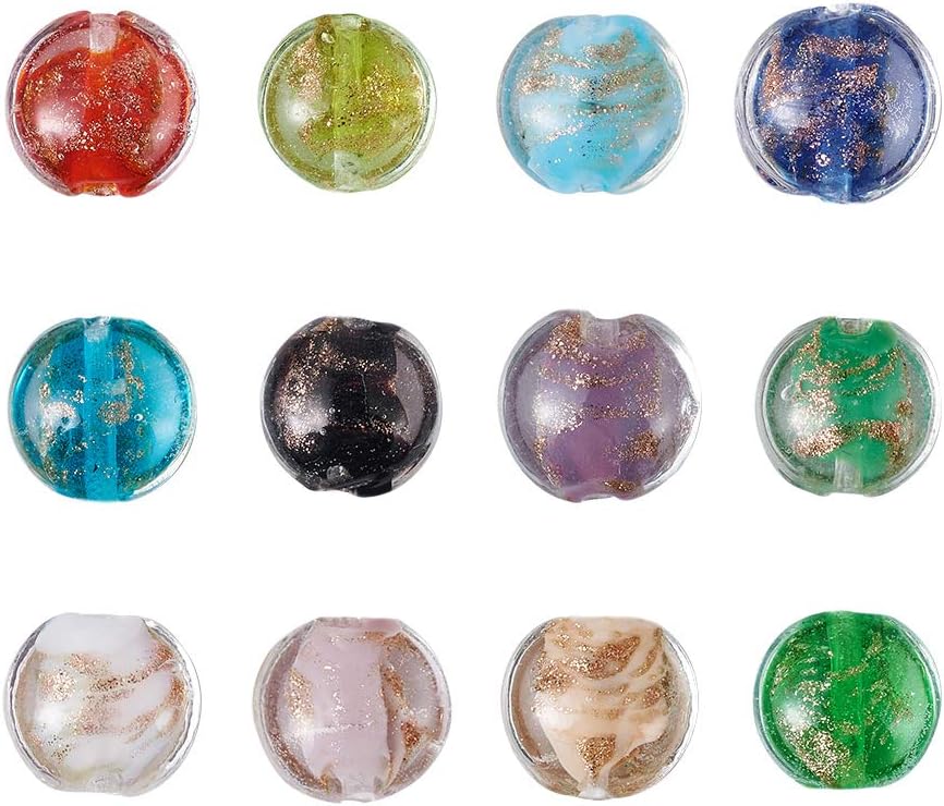 200pcs Lampwork Glass Beads 12x8.5mm Flat Round Handcrafted Loose Beads Mixed Color for Jewelry Making