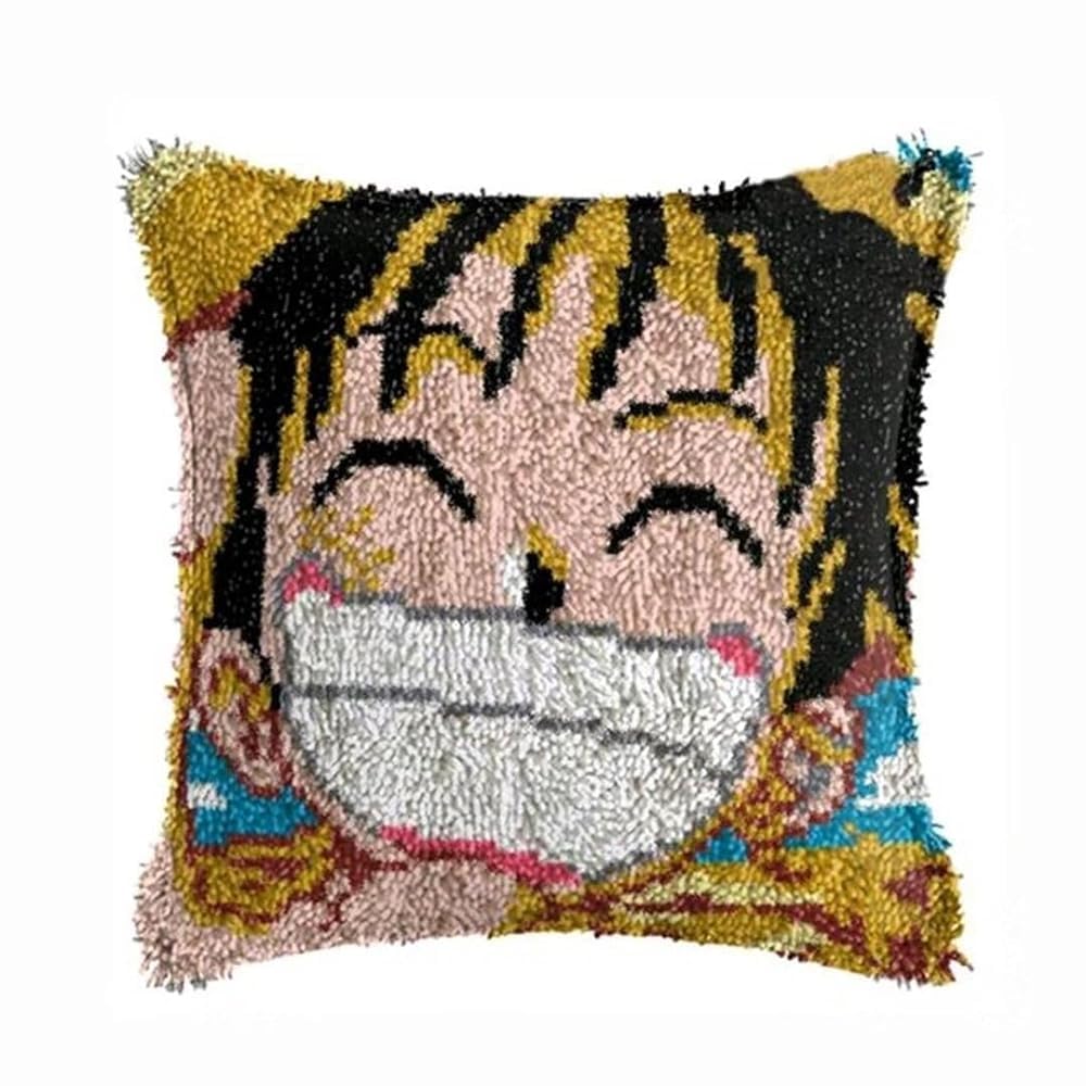 ROCKY&CHAO Laughing Luffy 43x43cm Latch Hook Kit for Adults & Kids DIY Cushion Making Craft Kits with Yarn & Canvas and Crochet Needle, Latch Hook Pillow Cover Adult Craft Kits Home Decor for Women