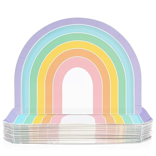 Naozinebi 50Pcs Rainbow Shape Paper Plates Pastel Rainbow Tableware Set