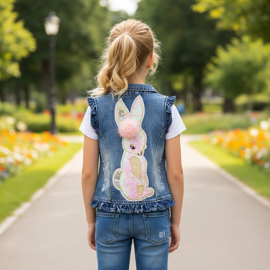 Yao 1-9 Jahre Kleine Mädchen Denim Outfit Jacke Gestickte Paillette Jeansweste Frühling Herbst Pailletten Weste Mantel