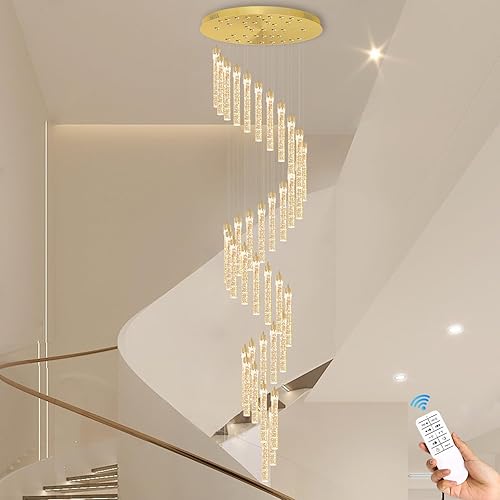 Miniatura 8 de Candelabros de cristal dorado de 38 luces Escalera alta Montaje empotrado Lámparas de techo Columna de burbujas Lámparas colgantes Moderno techo