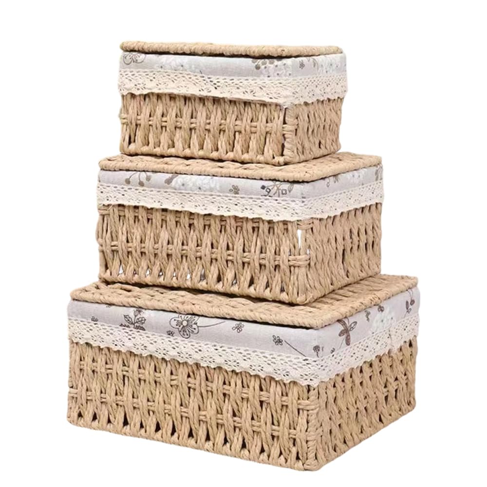 JOAASU 3 Pcs Wicker Storage Baskets, 3 Sizes Wicker Basket with Lid, Decorative Storage Boxes with Removable Liners, Reusable Hamper Basket, Storage Baskets for Shelves, Bedroom, Living Room, Bathroom