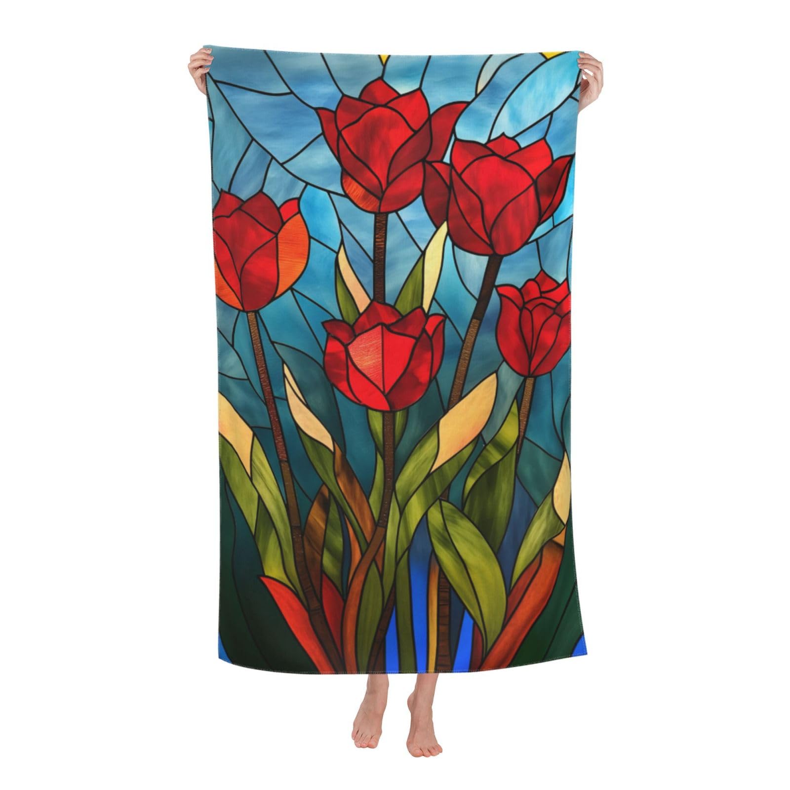 HLBSDM Stained Glass Tulip Beach Towel 31inx51in Floral Sand Free Microfiber Bath Towel Ultra Soft Quick Dry Pool Towel Absorbent Towel Lightweight Towel for Swimming Bathroom Decor