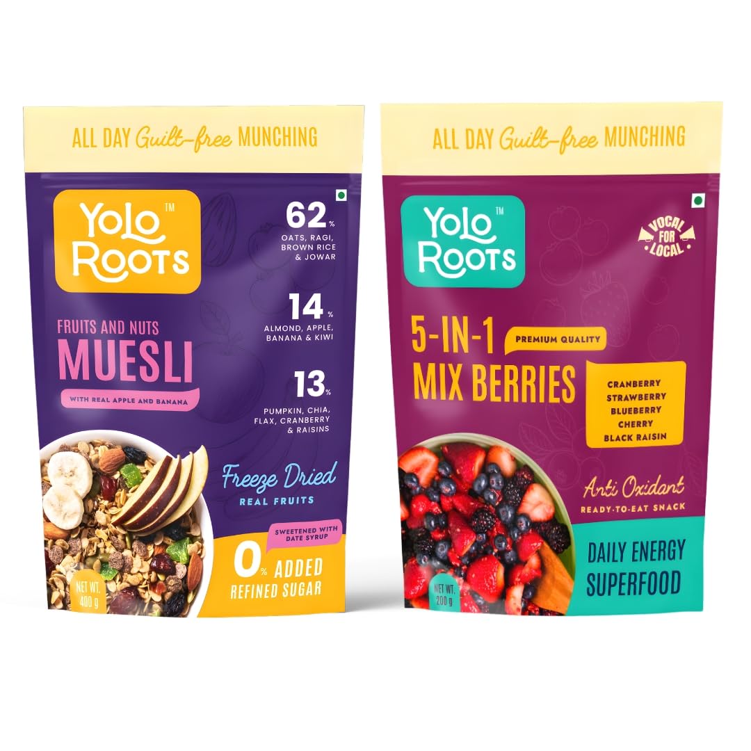 Yolo Roots Fruits & Nuts Muesli 400g & 5-in-1 Mix Berries 200g Combo, No Added Sugar, High Fiber Breakfast Cereal & Antioxidant Rich Dry Fruits, Healthy Snack with Oats (Pack of 2)