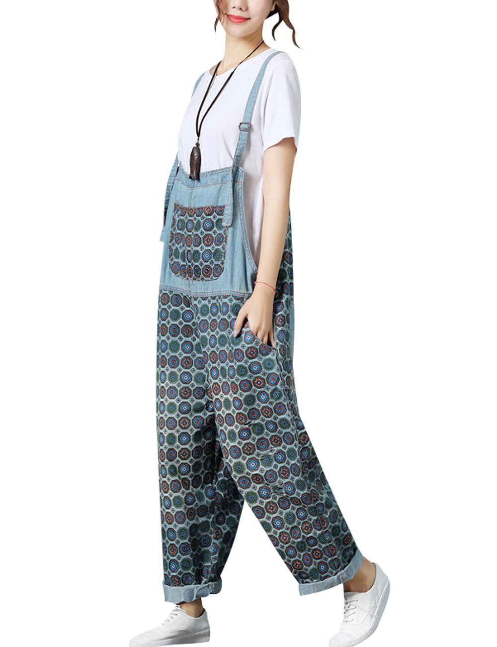 Youlee Femmes Imprimé Combinaisons à bretelles Barboteuses occasionnelles Denim Salopette