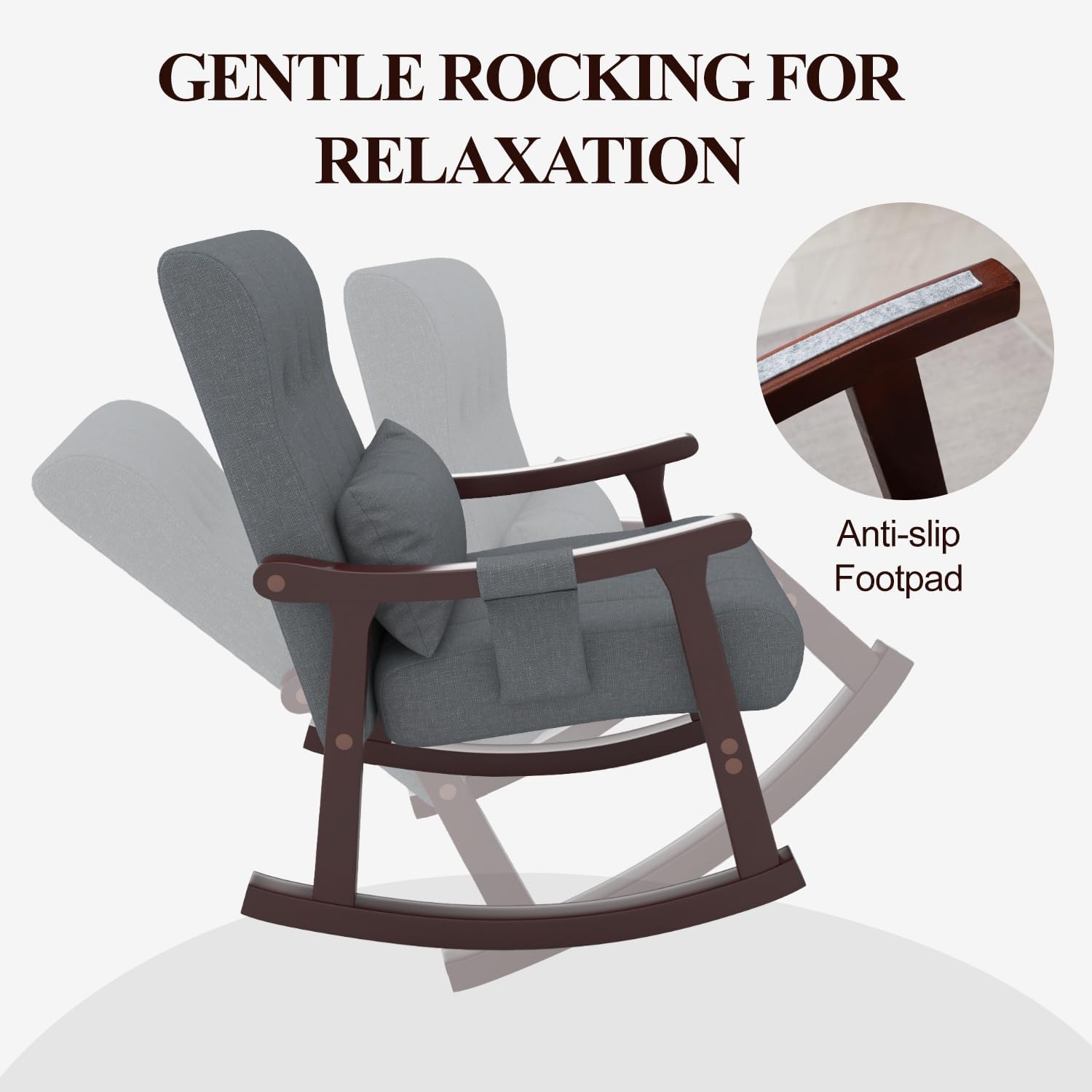 Upholstered Rocking Chair with Massage Lumbar Support,Glider Chair with Side Pocket, Nursery Rocker with High Backrest,Rubber Wood Legs, Rocking Accent Armchair for Living Room Bedroom Nursery