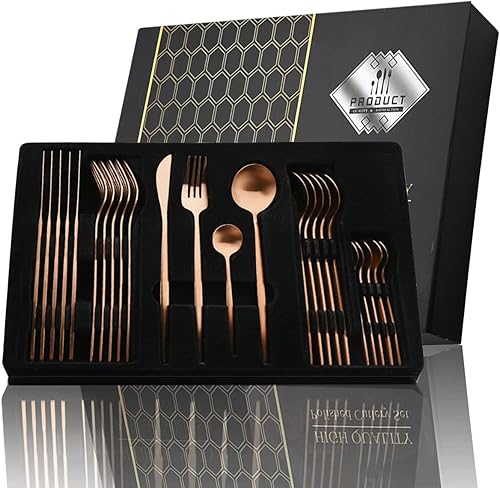 JASHII Juego de cubiertos de oro rosa, cubiertos de acero inoxidable, acabado mate, juego de cuchara y tenedor con caja de regalo, regalo de boda de