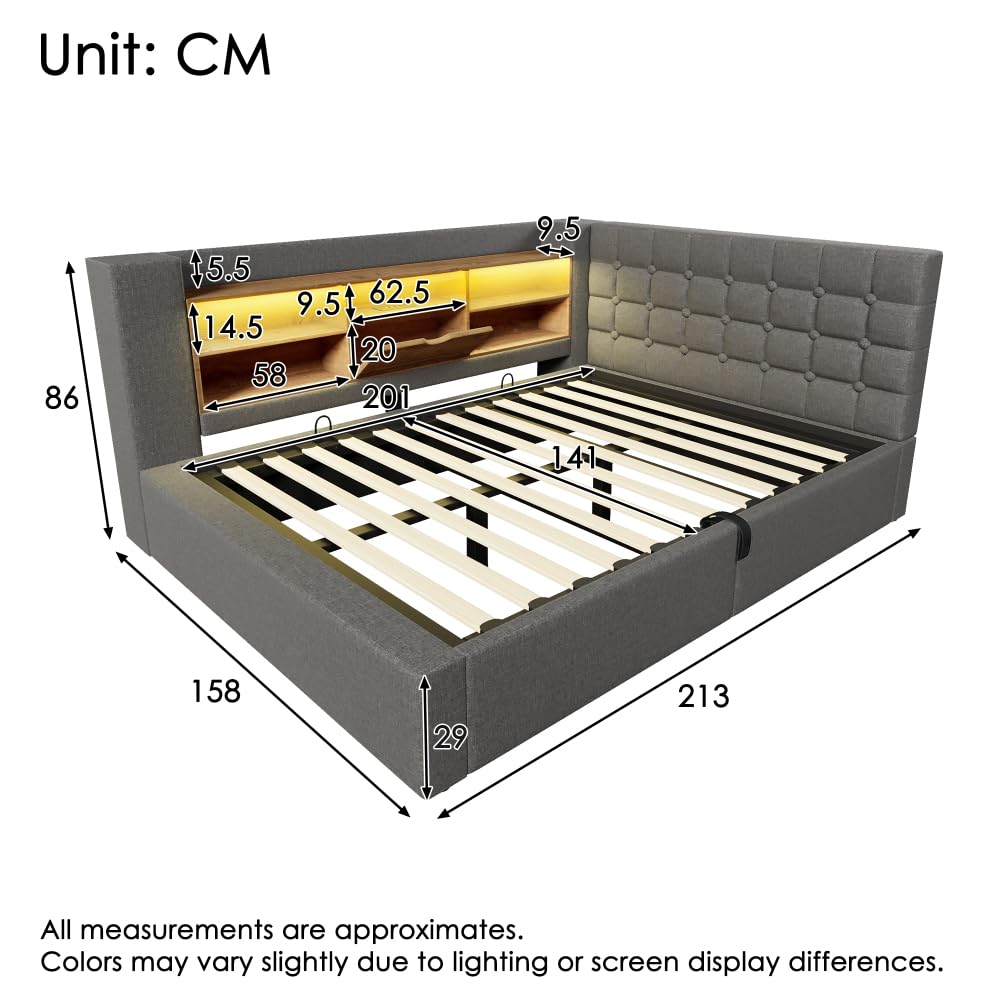 Cama tapizada de 140 x 200 cm con iluminación LED, canapé, estructura de cama, tela de lino, gris (colchón no incluido).