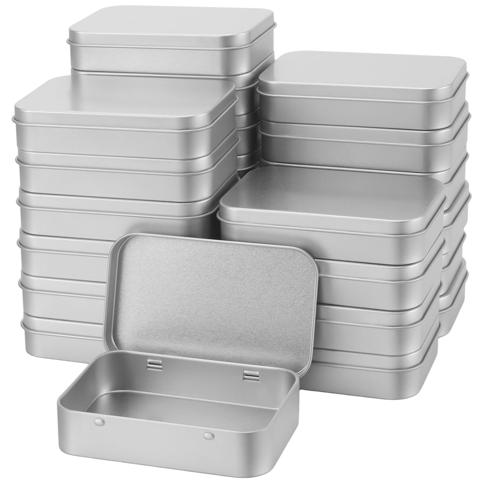 LEXININ 24 Pcs Small Hinged Tin Box, 91 x 61 x 20mm Rectangular Metal Storage Tins for Candies Key, Silver