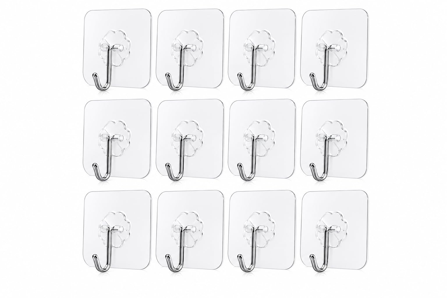 TIVADI 12 Pack Heavy Duty Adhesive Hooks, Transparent Waterproof Wall & Ceiling Hooks, No Drill Reusable Self Adhesive Hooks, Strong Hold Up to 15kg OR 33lb for Bathroom, Kitchen, Home & Office