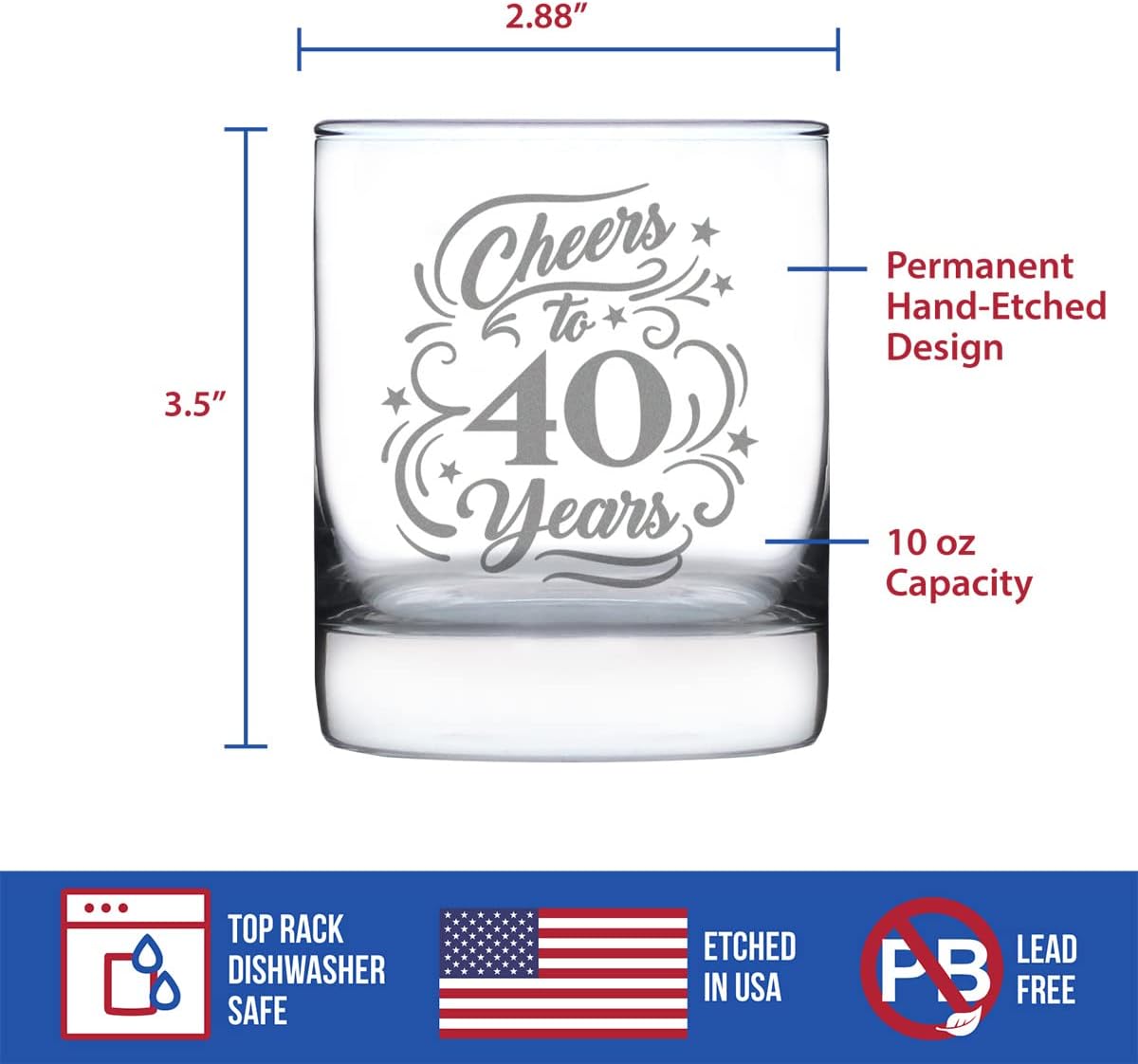 Bevvee Cheers to 40 Years - Whiskey Rocks Glass Gifts for Women & Men - 40th Anniversary Party Decor - 10.25 Oz Glasses - Image 5