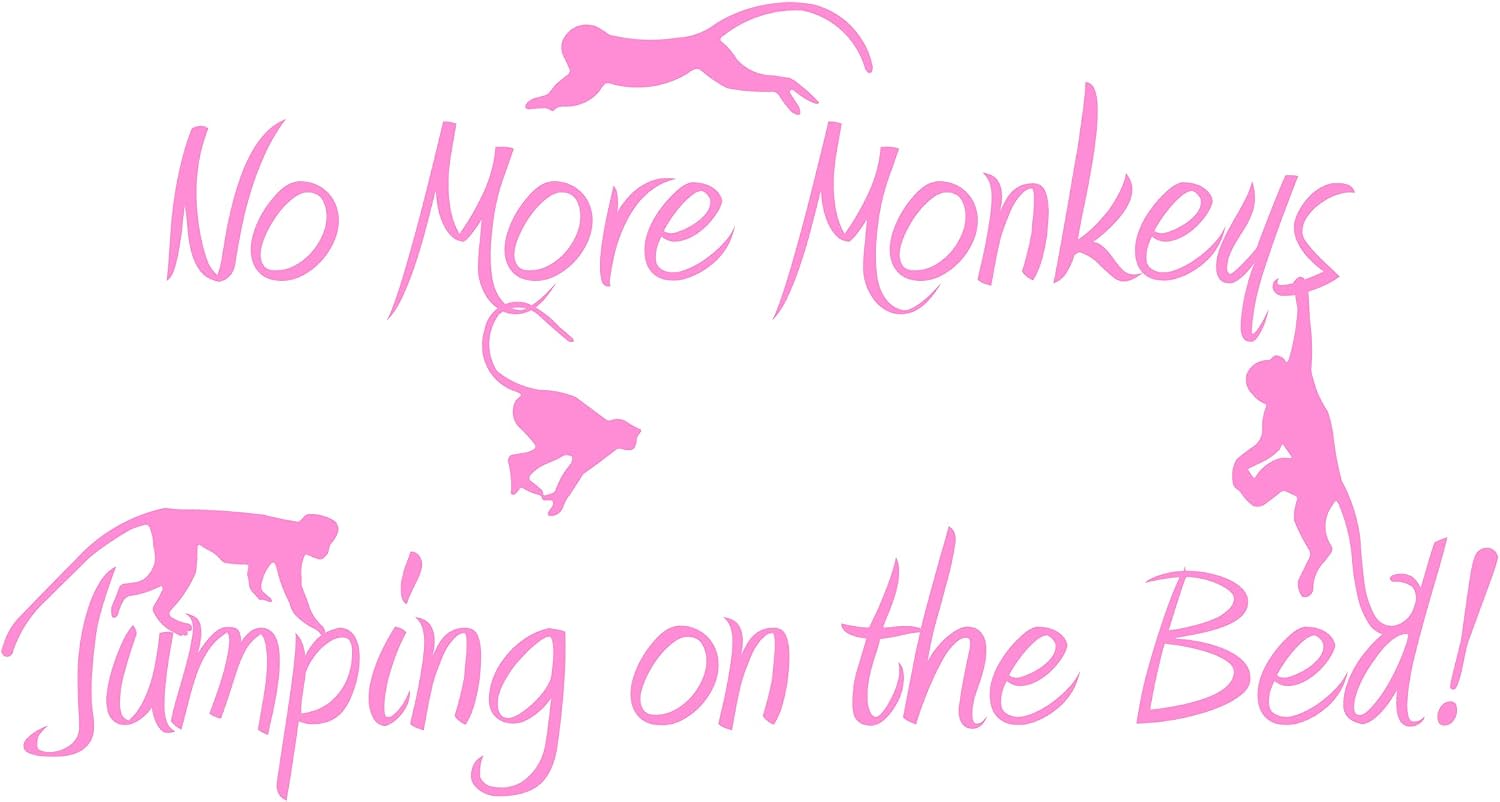 VWAQ No More Monkeys Jumping On The Bed Vinyl Wall Decal Kids Room Decor (22" H X 41" W, Pink)
