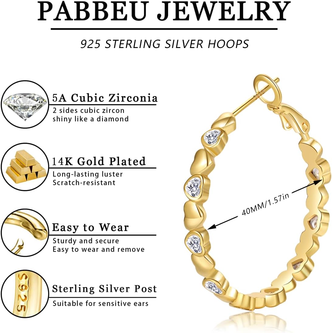 PABBEU S925 Sterling Silver Hoop Earrings for Women Cubic Zirconia Hypoallergenic Lightweight Dainty Heart Large Silver Hoop Earrings for Women 30/40mm - Image 4