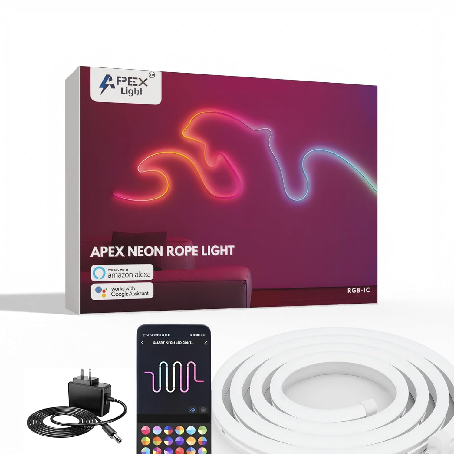 APEX Neon Rope Light RGB-IC (10ft/3m), Smart LED Neon Strip with App Music Sync, DIY Shapes, Home & Bedroom Wall Decor, Flexible Silicone Light for Gaming Setup