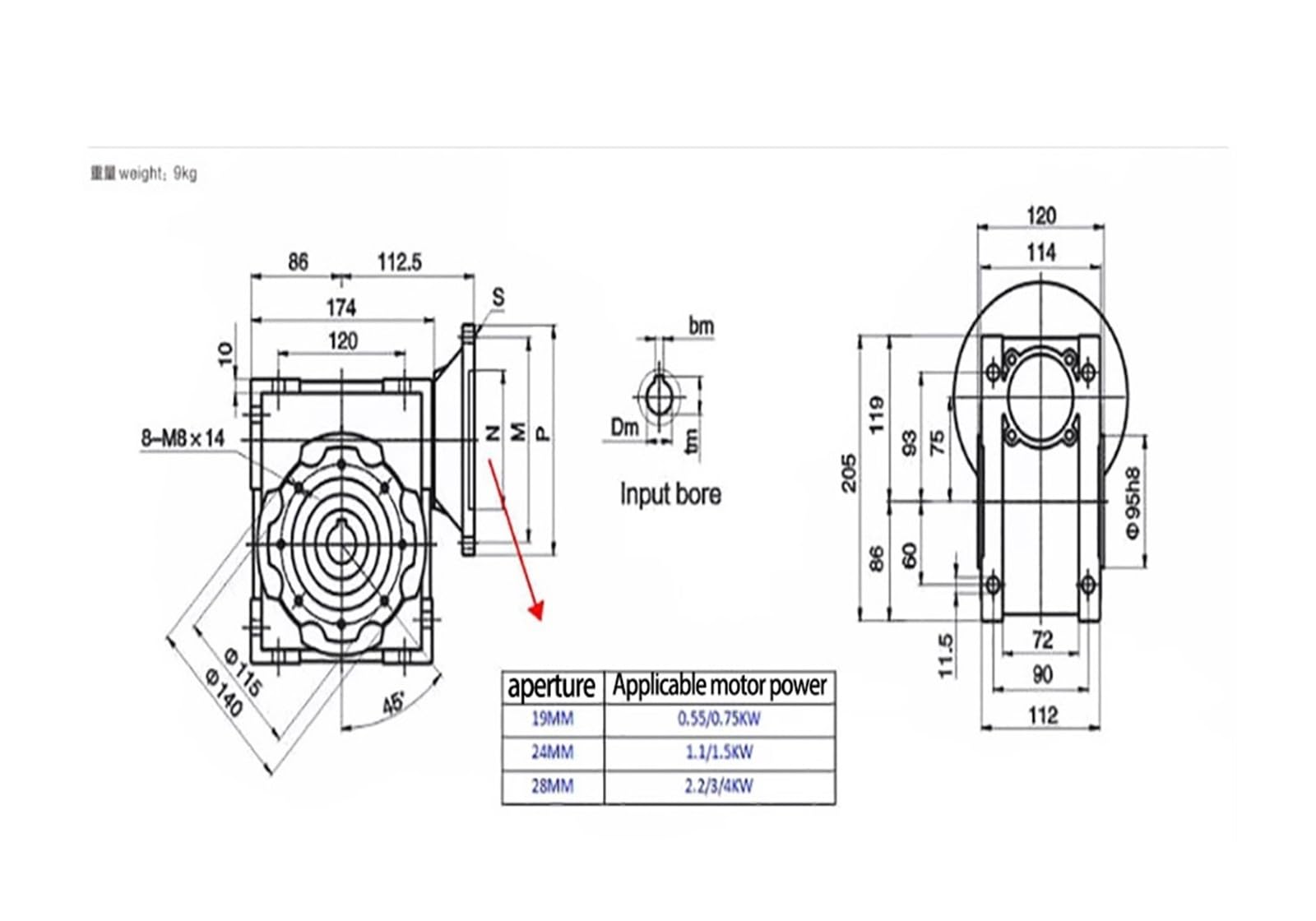 Reductor de engranaje helicoidal NMRV075 24 mm Entrada 28 mm Salida Brida IEC 90B5 for motor 0.55KW-4KW(Ratio 60 to 1)